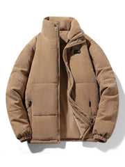 Men's plus-size padded corduroy puffer jacket in khaki with a stand-up collar.
