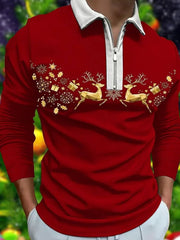Red zip-neck polo with gold reindeer and snowflake print