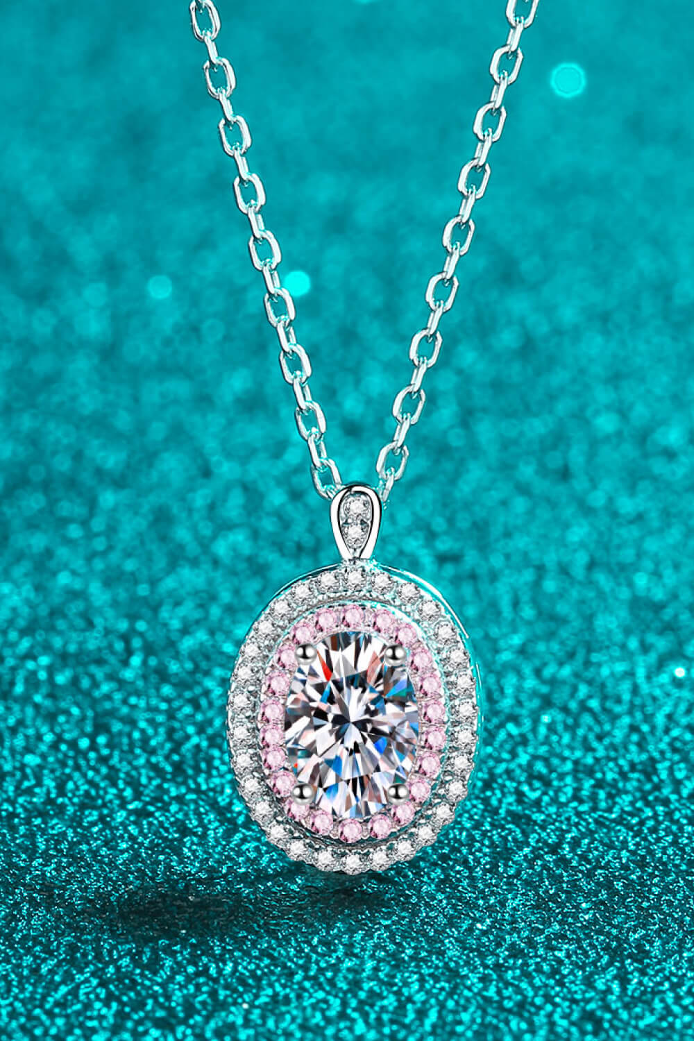 Silver halo moissanite pendant necklace with pink and clear stones