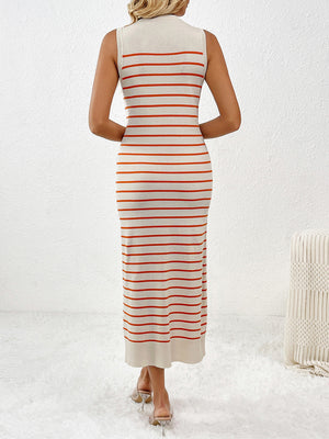 Striped ribbed sleeveless midi dress in cream with orange stripes.