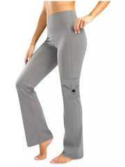 Gray pocketed high-waisted yoga pants with a flared silhouette and a cargo pocket detail.