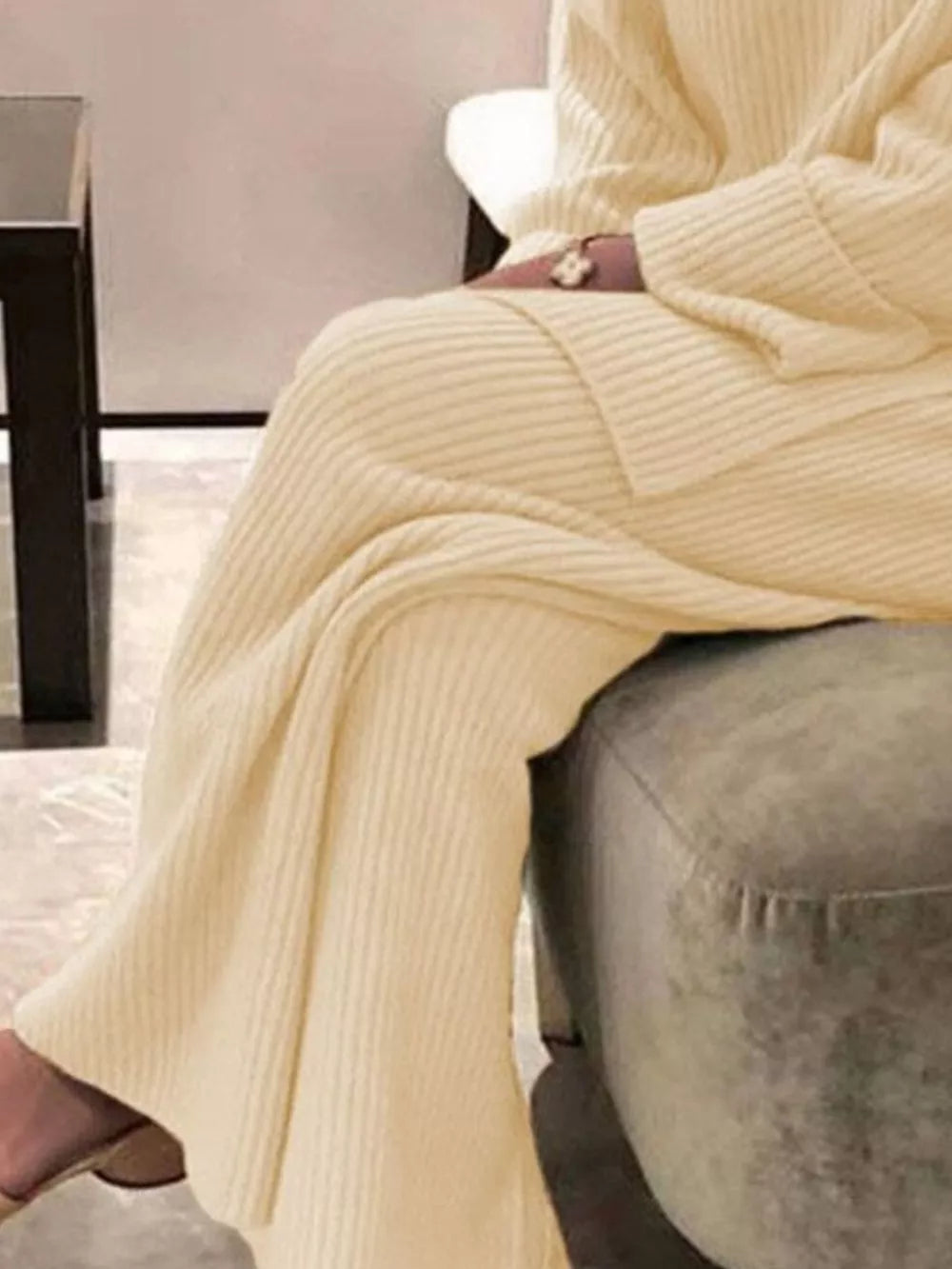 Apricot ribbed knit sweater ensemble with wide leg pants, casual comfortable style.