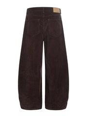Brown corduroy wide-leg joggers for men with button fly and adjustable waist.