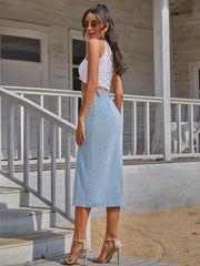 Button-front denim midi skirt in Sky Blue, featuring a high waist and straight cut.