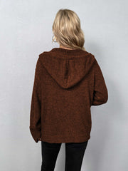 Brown knit hooded cardigan with button front detail.