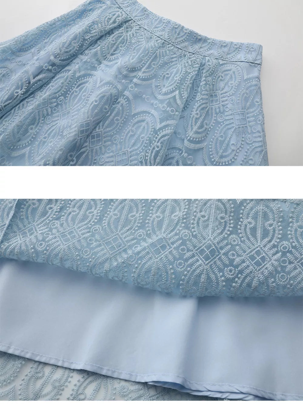 Light blue lace two-piece set with embroidered detail and a-line skirt