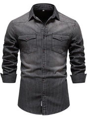 Black vertical stripe denim western shirt with buttoned chest pockets and cuffs.