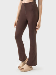 Sculpted flare active trousers in chocolate brown with a zip front and seam detailing.