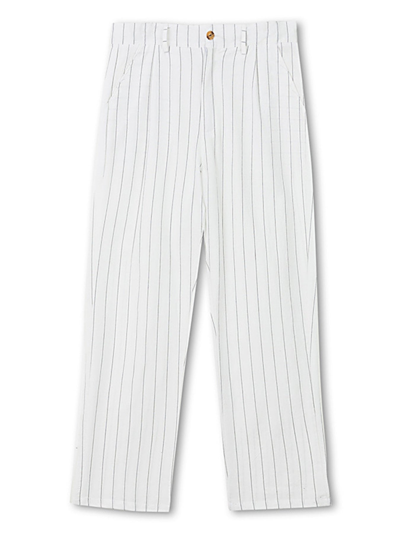 White pinstripe wide-leg sweatpants with a button and zip closure.