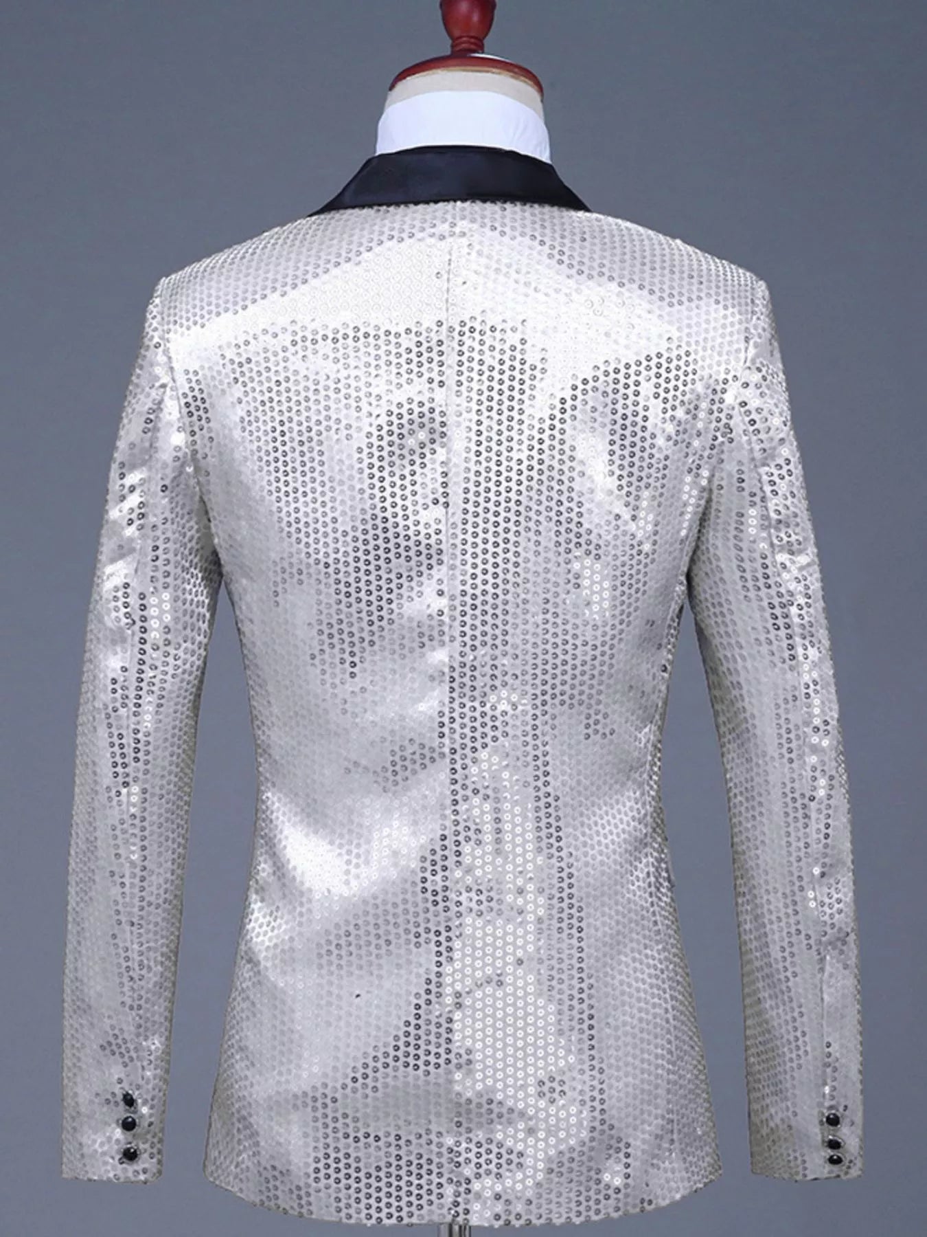 Men's Silvery White Sequin One Button Blazer with black lapel and button cuffs
