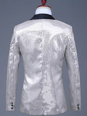 Men's Silvery White Sequin One Button Blazer with black lapel and button cuffs