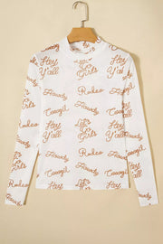 White sheer long sleeve shirt with all-over brown text print and high neckline.