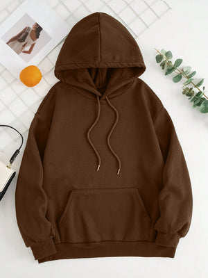 Oversized chocolate brown hoodie with pouch pocket and drawstring hood.