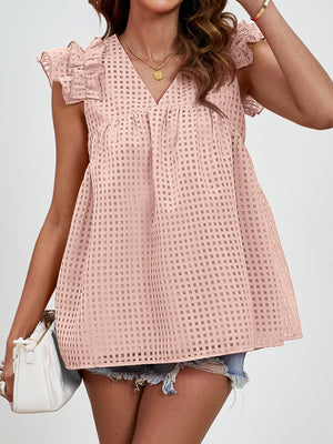 Apricot textured ruffle sleeve trapeze blouse with a V-neck and square pattern.
