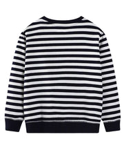 Black and white striped sweatshirt with ribbed cuffs and hem.