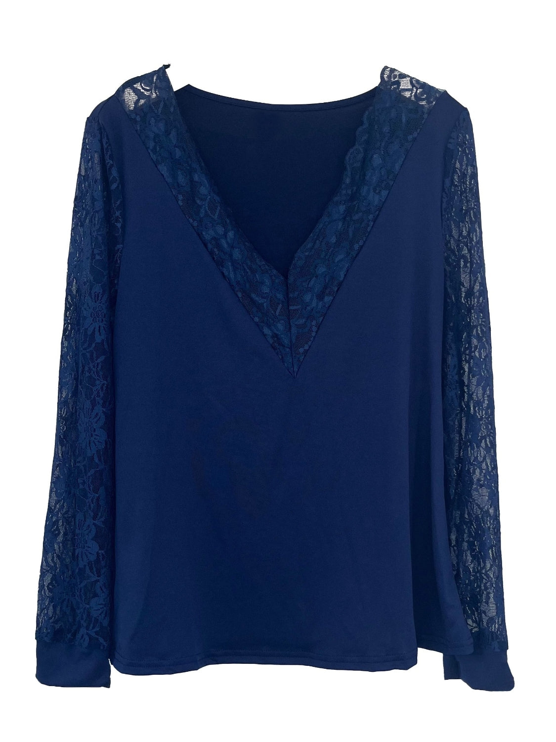Navy lace inset V-neck blouson sleeve top with sheer lace sleeves.