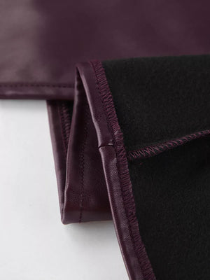 Stand Collar Belted Faux Leather Jacket in Wine Red, view 22