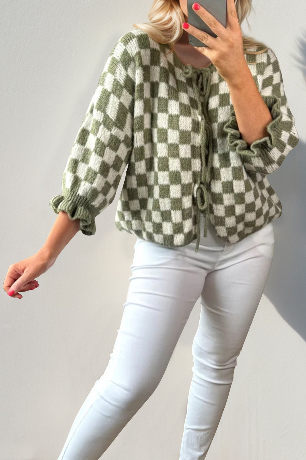 Matcha green and white checkered knit cardigan with tie front and ruffle sleeves