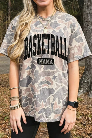 Basketball Mama camo print crew neck t-shirt with short sleeves.