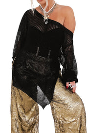 Black off-shoulder metallic knit top with long sleeves and a slit hem.