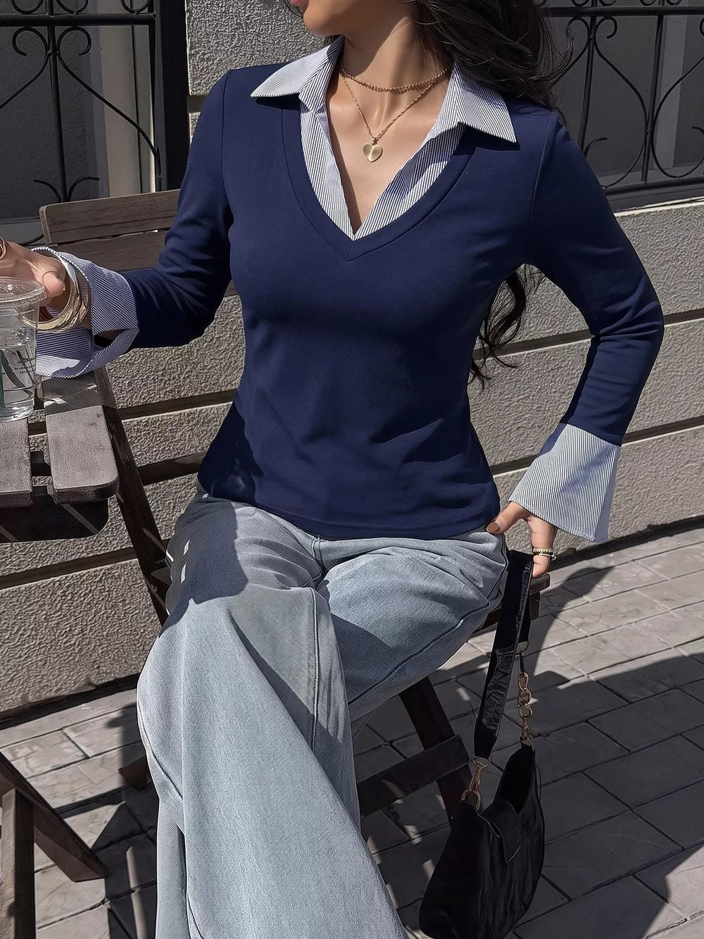 Contrast Collar Long Sleeve Top in Dark Blue, model styling view