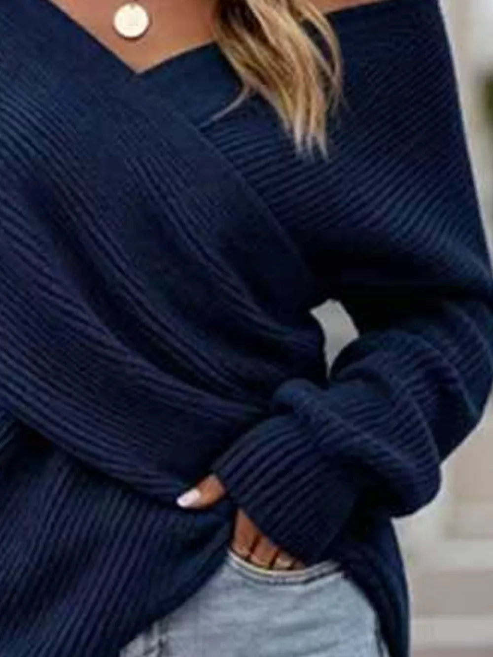 Crisscross Ribbed Knit Long Sleeve Sweater in Black, view 12