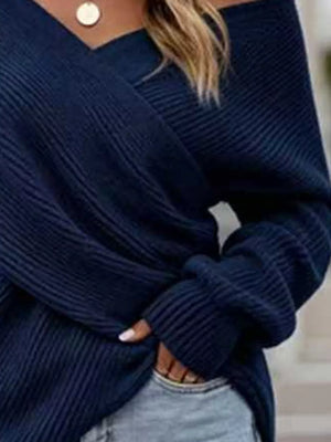 Crisscross Ribbed Knit Long Sleeve Sweater in Black, view 12