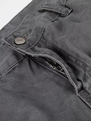 Men's relaxed fit cotton cargo capris in charcoal gray with button and zipper closure.