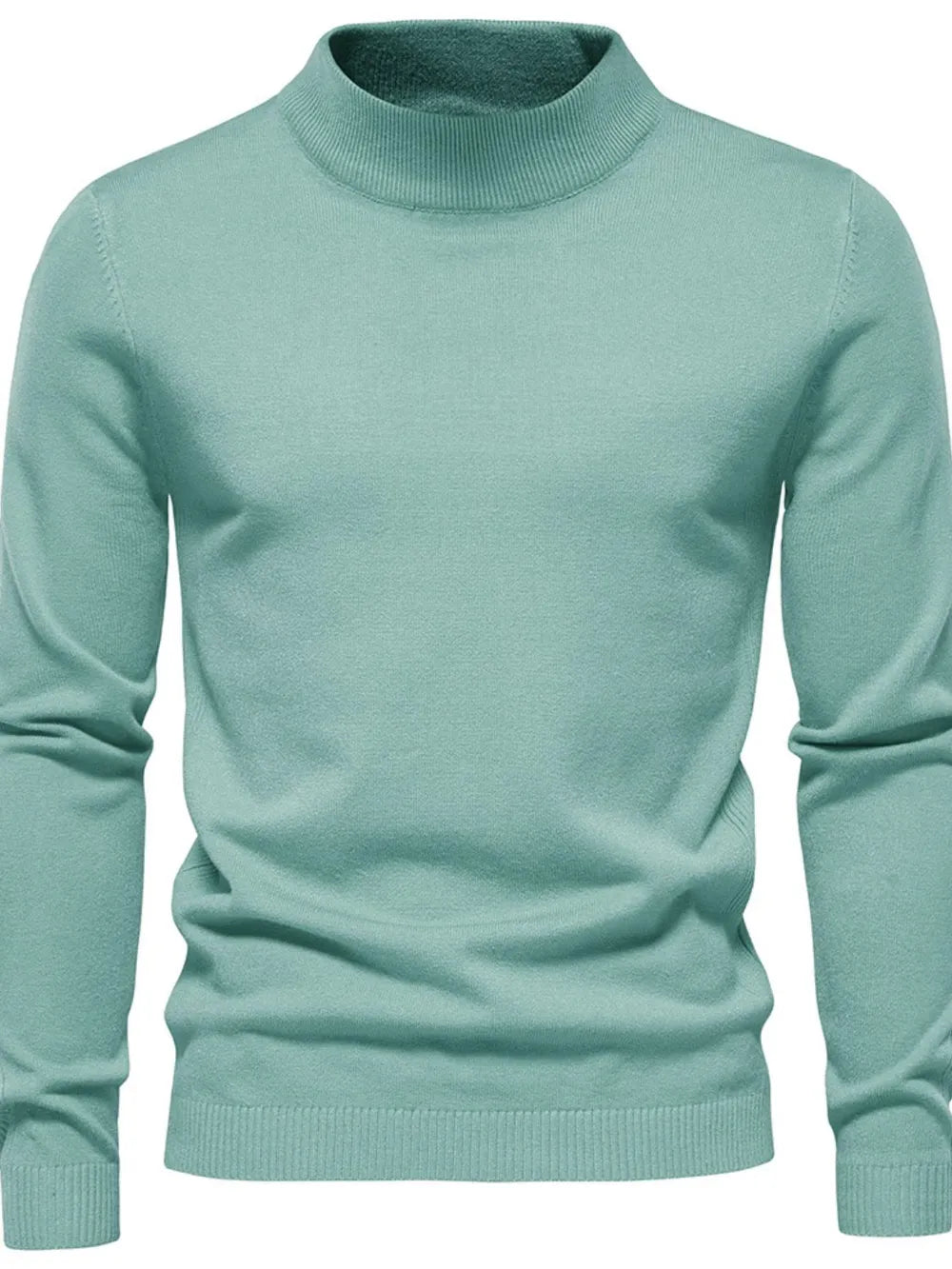 Light blue ribbed mock neck sweater with long sleeves and a classic fit.