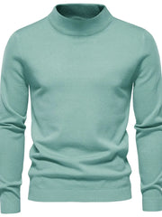 Light blue ribbed mock neck sweater with long sleeves and a classic fit.