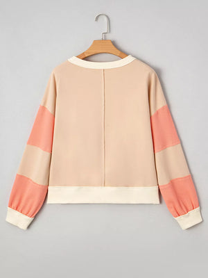 Color Block Textured Patchwork Pullover Sweatshirt in Watermelon pink, alternate angle