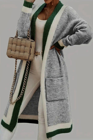 Color-blocked hooded knit maxi cardigan in gray with green and white trim, featuring pockets.