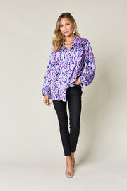 Blue purple ethereal print blouse with ruffle front and balloon sleeves