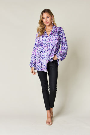 Blue purple ethereal print blouse with ruffle front and balloon sleeves
