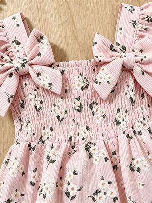 Pink floral baby set with smocked bodice and ruffle bow straps