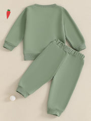 Green cotton baby outfit set with ribbed cuffs and waistband, featuring a bunny applique detail.