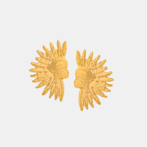Gold Sunburst Goddess sculptural earrings with profile faces and radiating sun rays.