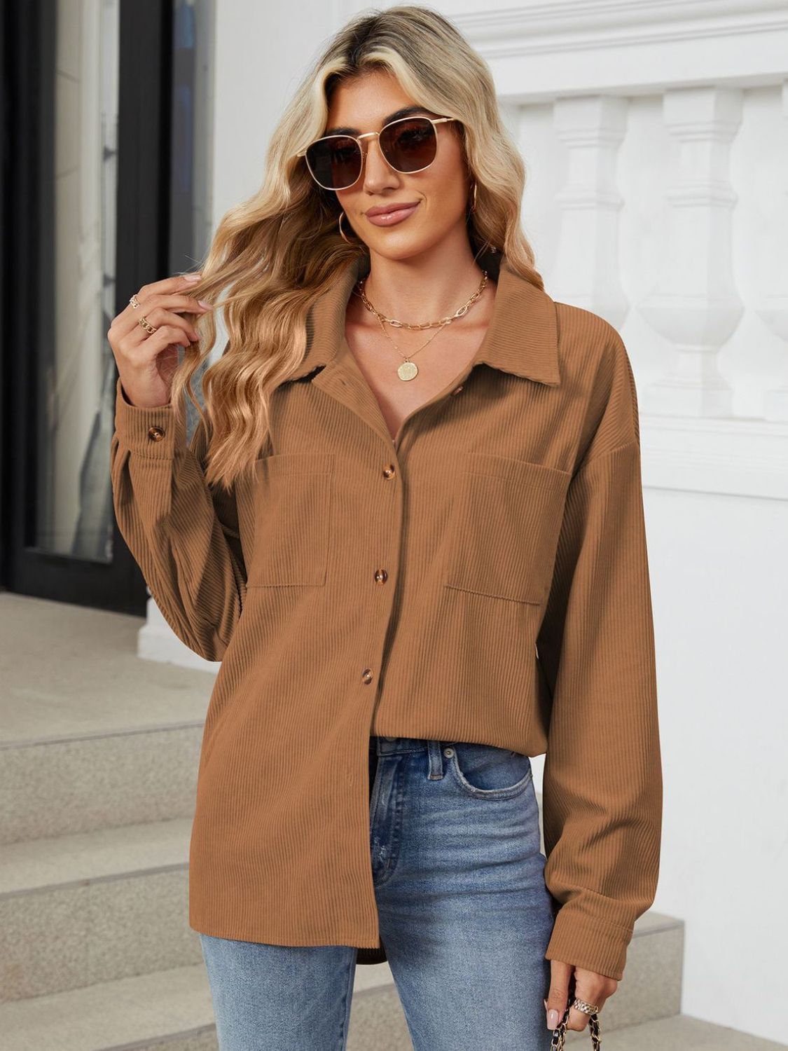 Caramel corduroy overshirt with patch pockets and button front.