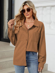 Caramel corduroy overshirt with patch pockets and button front.