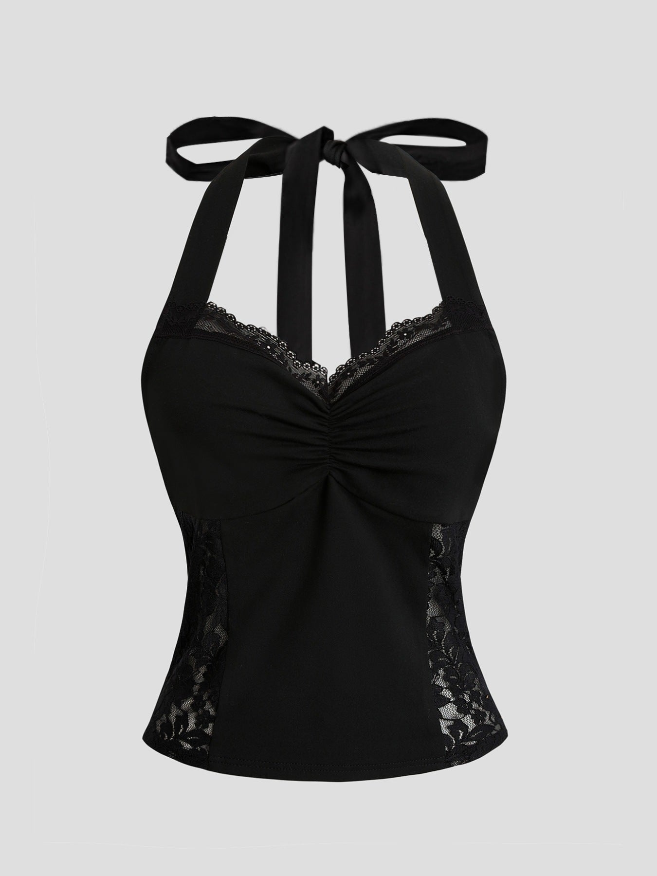 Black lace halter neck cami top with ruched front and lace side panels.