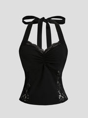 Black lace halter neck cami top with ruched front and lace side panels.