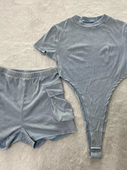 Sky blue ribbed two-piece set with crop top and cargo shorts with pockets