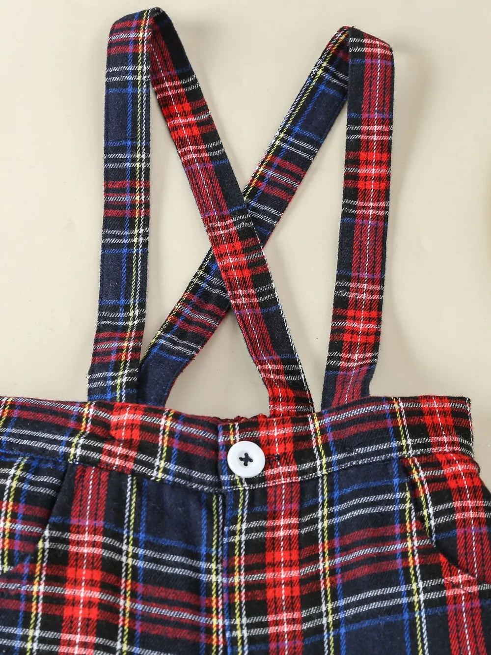 Children's Button Up Long Sleeve Shirt And Suspender Set in White, close-up detail