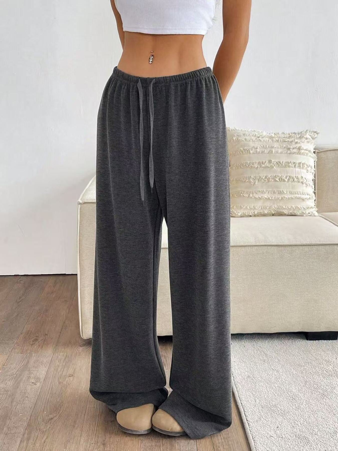 Dark gray casual wide-leg drawstring maternity pants with a relaxed fit.