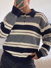 Striped Long Sleeve Button Detail Sweater in Dark Blue, front view