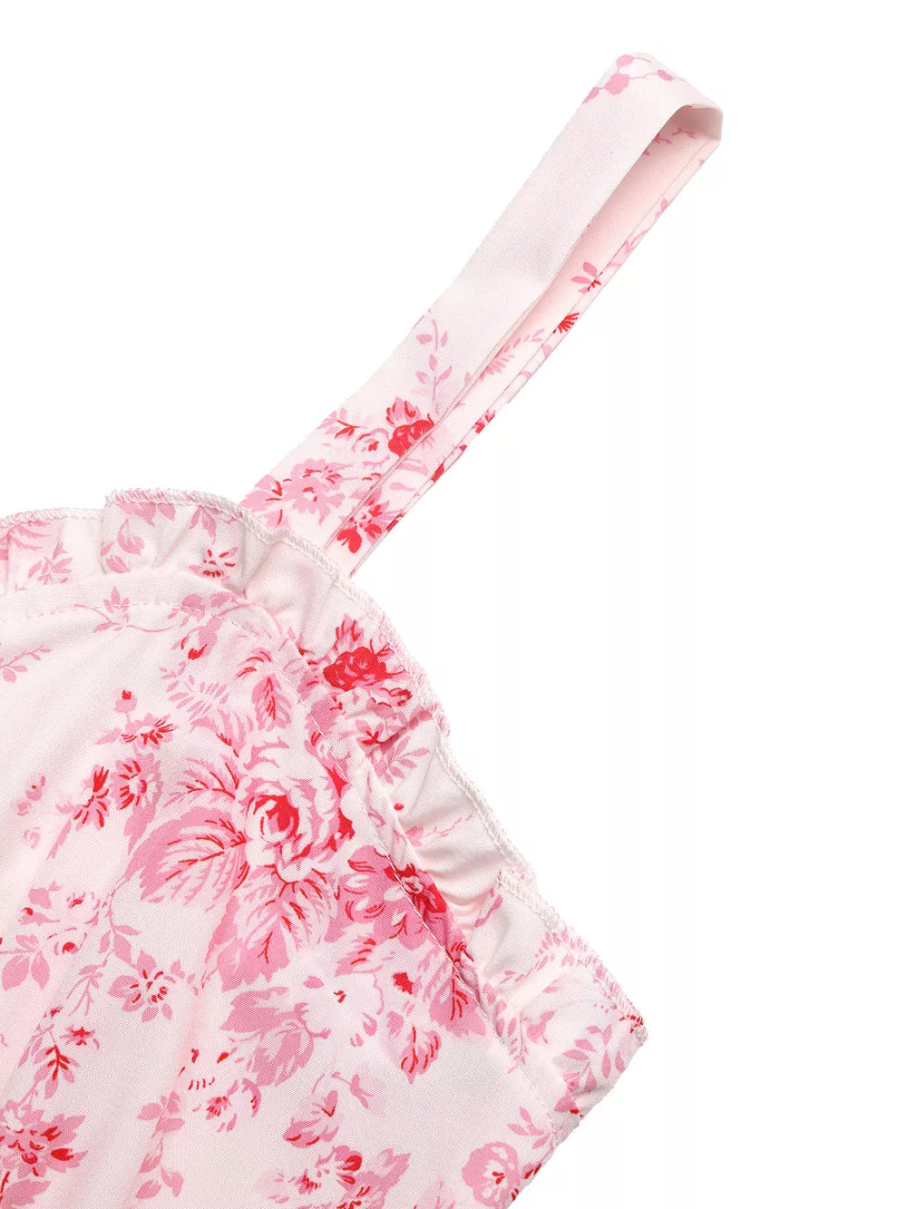 Romantic floral cami dress with frill detail and pink rose print.