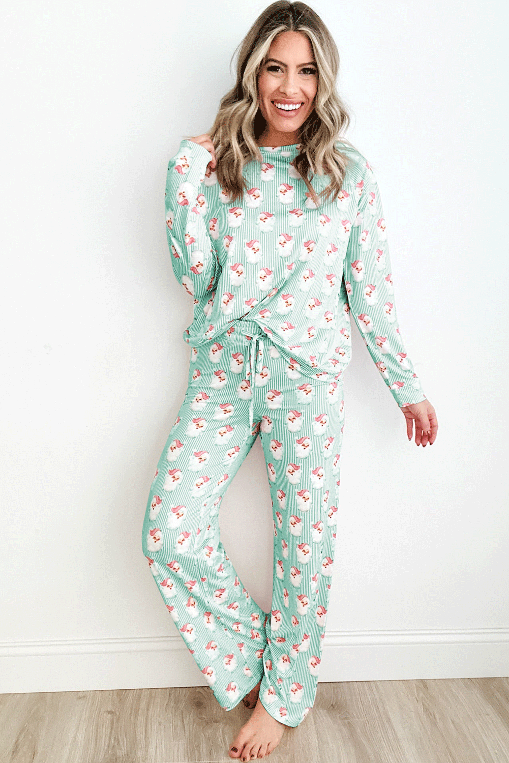 Light Green Santa Stripe Lounge Set with drawstring waist pants and long sleeve top.