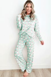 Light Green Santa Stripe Lounge Set with drawstring waist pants and long sleeve top.
