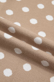 Camel polka dot short sleeve cardigan with a textured knit detail.