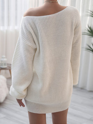 Off-shoulder ribbed knit mini dress in white acrylic with long sleeves and a casual cut.